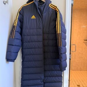 Adidas Navy Puffer Coat with Yellow Stripes men’s large